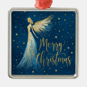 Golden Christmas Angel on Starry Navy Metal Ornament