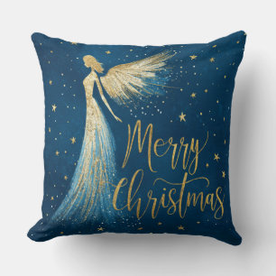 Golden Christmas Angel on Starry Navy Throw Pillow