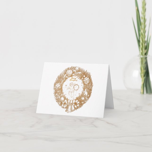Golden Christmas Angel-Wreath-Merry Christmas   Card (Front)
