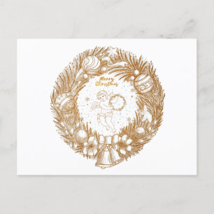 Golden Christmas Angel-Wreath-Merry Christmas   Holiday Postcard