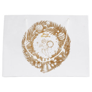Golden Christmas Angel-Wreath-Merry Christmas Large Gift Bag