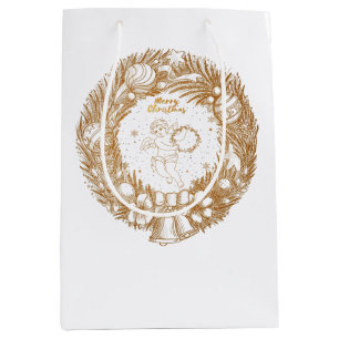 Golden Christmas Angel-Wreath-Merry Christmas   Medium Gift Bag