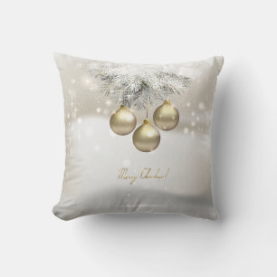 Golden Christmas Balls & Silver Pine Tree Branches Throw Pillow