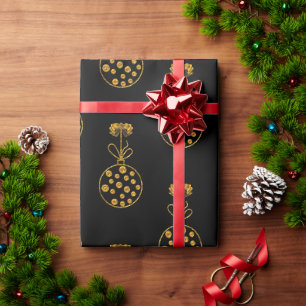 Golden Christmas Baubles on Black Wrapping Paper