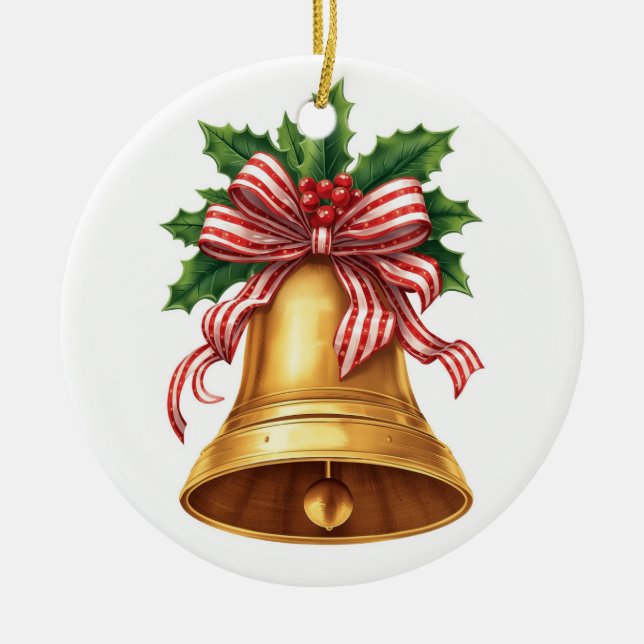 Golden Christmas Bell Holly and Stripe Bow Ceramic Ornament (Front)
