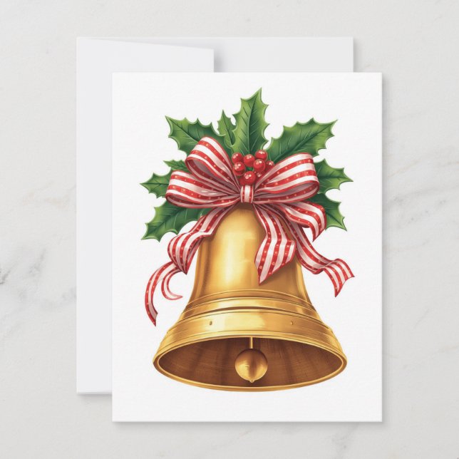 Golden Christmas Bell Holly and Stripe Bow Holiday Card (Front)