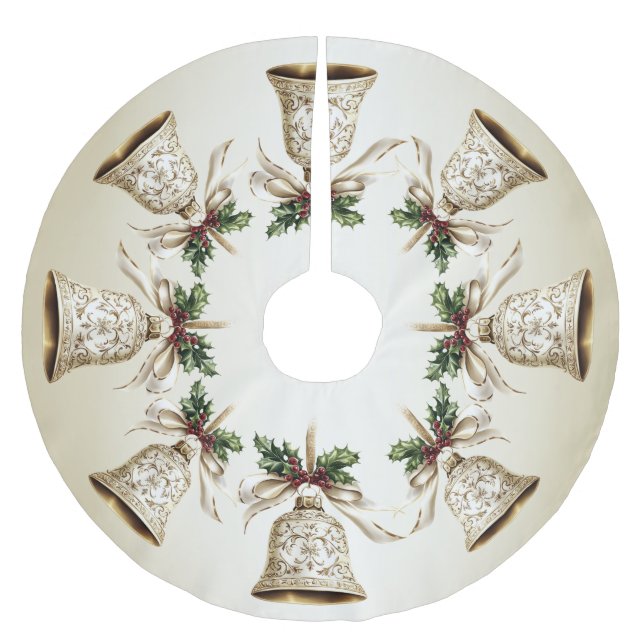 Golden Christmas Bell Shiny Stars Green Leaves Brushed Polyester Tree Skirt (Front)
