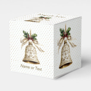 Golden Christmas Bell Shiny Stars Green Leaves Favor Box