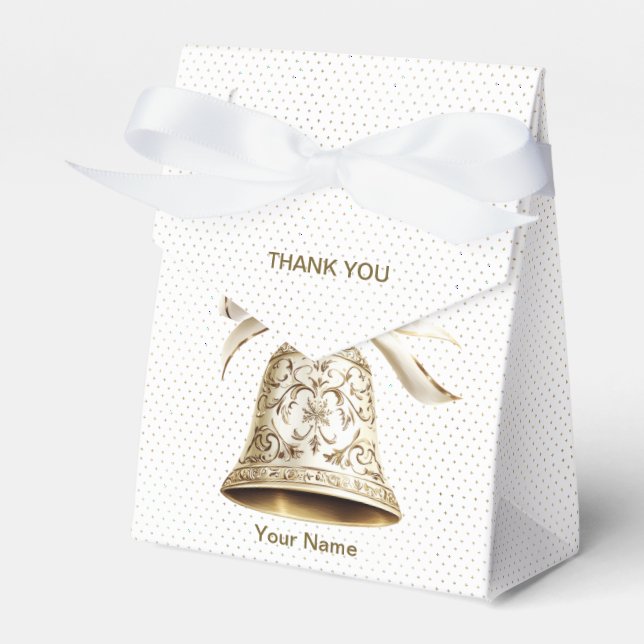 Golden Christmas Bell Shiny Stars Green Leaves Favor Box (Front Side)