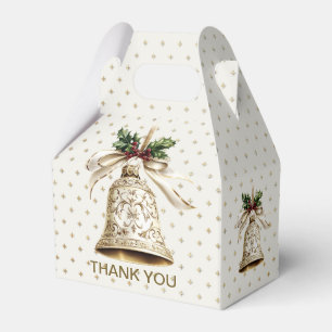 Golden Christmas Bell Shiny Stars Green Leaves Favor Box