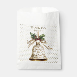 Golden Christmas Bell Shiny Stars Green Leaves Favour Bag