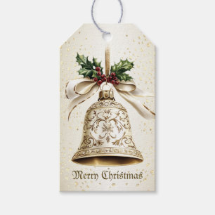 Golden Christmas Bell Shiny Stars Green Leaves Gift Tags