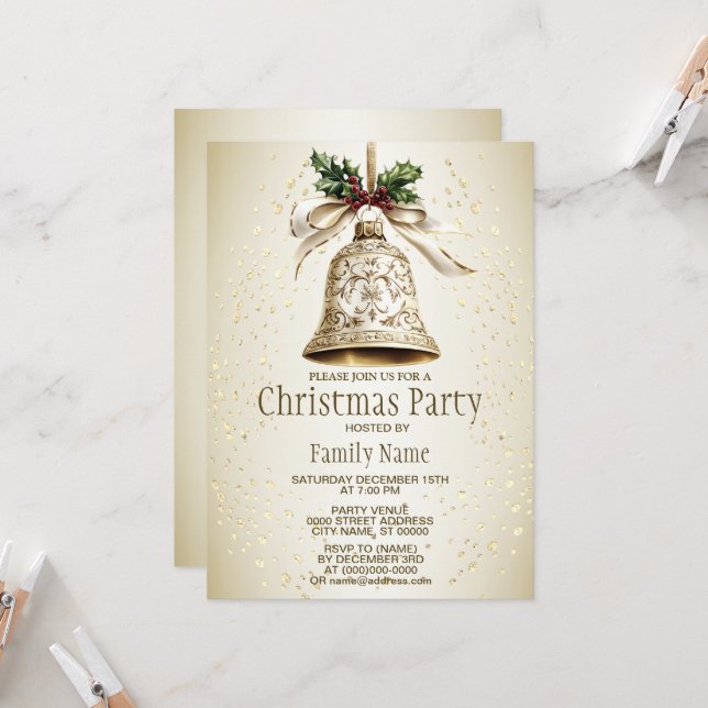 Golden Christmas Bell Shiny Stars Green Leaves Invitation (Front/Back In Situ)