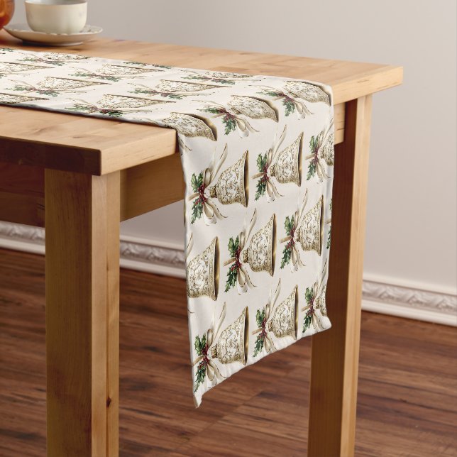 Golden Christmas Bell Shiny Stars Green Leaves Short Table Runner (In Situ)