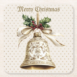 Golden Christmas Bell Shiny Stars Green Leaves Square Paper Coaster