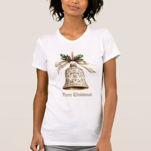 Golden Christmas Bell Shiny Stars Green Leaves T-Shirt