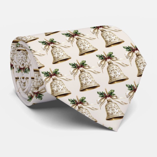 Golden Christmas Bell Shiny Stars Green Leaves Tie (Rolled)