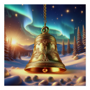 Golden Christmas Bell  Snowy Winter Scene Glossy Poster