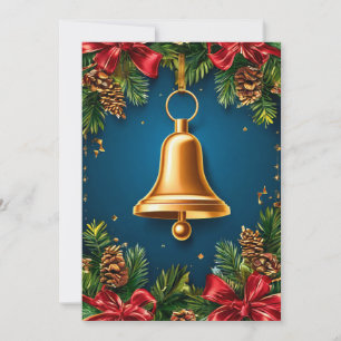 Golden Christmas Bell Surrounded by Festive Red Bo Holiday Card