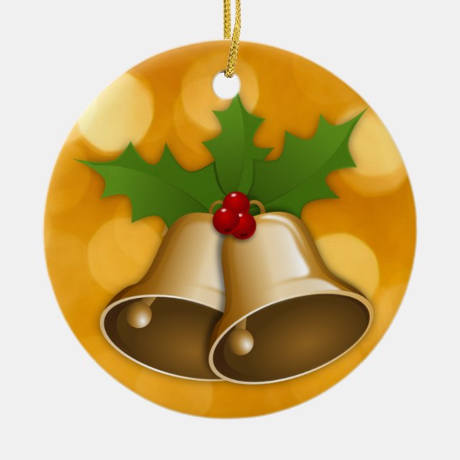 Golden Christmas Bells and Holly Ornament (Front)