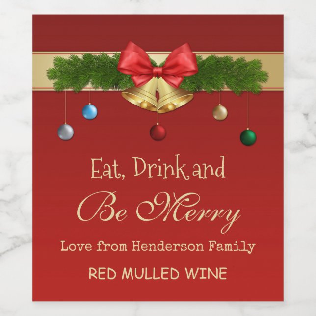 Golden Christmas bells, baubles and spruce Wine Label (Single Label)