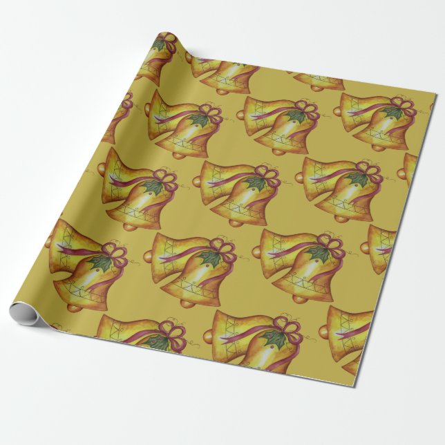 Golden Christmas Bells Gift Wrapping Paper (Unrolled)