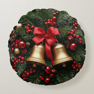 Golden Christmas Bells on Evergreen Decorations Round Pillow