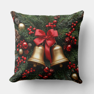 Golden Christmas Bells on Evergreen Decorations Throw Pillow