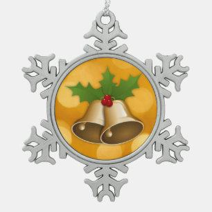 Golden Christmas Bells Pewter Snowflake Ornament