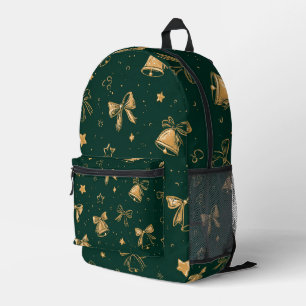 Golden Christmas Bells & Ribbons Pattern Printed Backpack