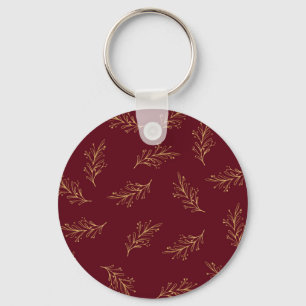 Golden Christmas Branches On Red Background Keychain