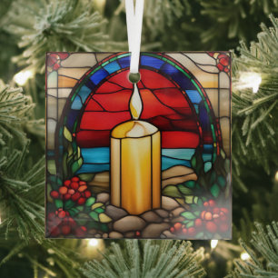 Golden Christmas Candle Faux Stained Glass Ornament