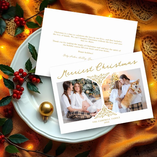 Golden Christmas Classic Filigree Ornament Holiday Card (Fake Golden Christmas Classic Filigree Ornament 2 Photos Holidays Card with Envelope.)