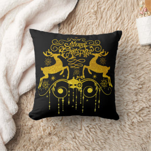 Golden Christmas Deers Throw Pillow