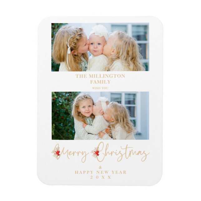 Golden Christmas Effect Botanical Holly 2 Photos Magnet (Vertical)