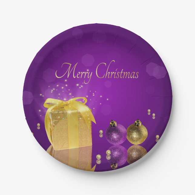 Golden Christmas Gift Box Paper Plate (Front)