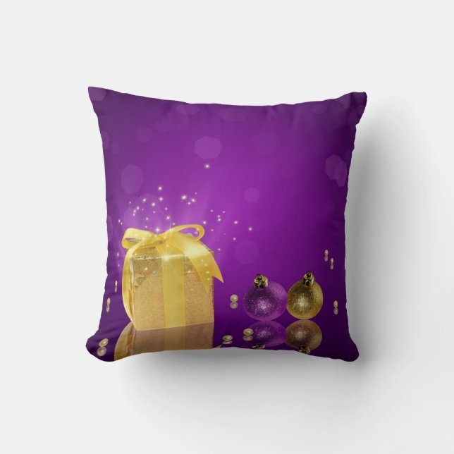 Golden Christmas Gift Box Throw Pillow (Front)