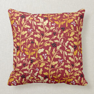 Golden christmas holly leaves and berries pattern throw pillow