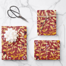 Golden Christmas Holly pattern on red