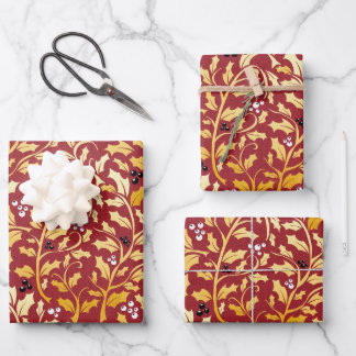 Golden Christmas Holly pattern on red Wrapping Paper Sheet