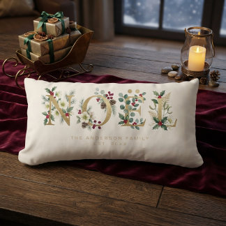 Golden Christmas NOËL Holly & Greenery MH26 Lumbar Pillow