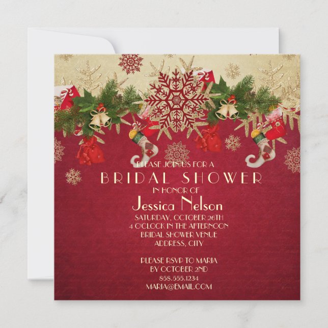 Golden Christmas Ornaments Red Bridal Shower Invitation (Front)