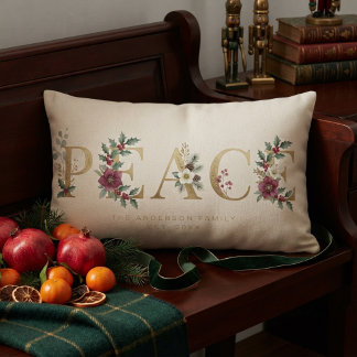 Golden Christmas PEACE Holly & Greenery MH26 Lumbar Pillow