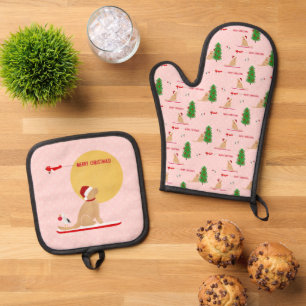 Golden Christmas Pink Beach Day Oven Mitt Set