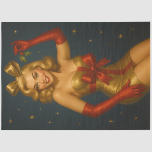 Golden Christmas Pinup with Red Bow Tissue Paper (Front)