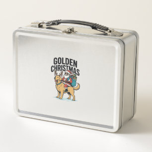 Golden Christmas Santa Riding Retriever Shirt Desi Metal Lunch Box