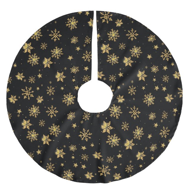 Golden Christmas Snowflakes Pattern Brushed Polyester Tree Skirt (Front)
