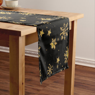 Golden Christmas Snowflakes Pattern Short Table Runner