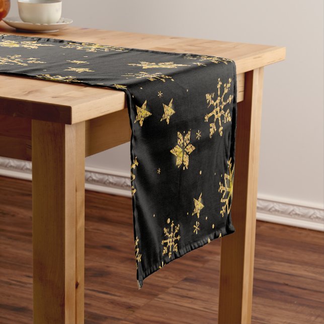 Golden Christmas Snowflakes Pattern Short Table Runner (In Situ)