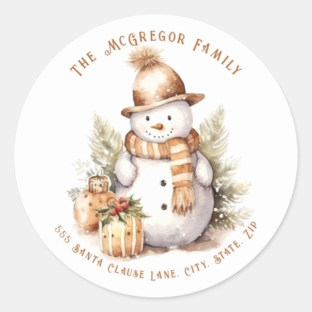 Golden Christmas Snowman Return Address Classic Round Sticker (Front)